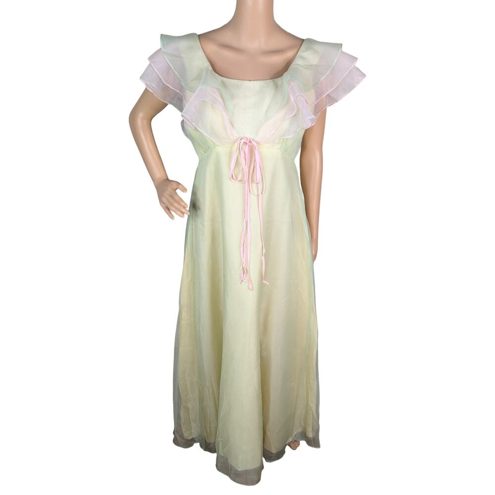 Vintage 70s Pastel Green Pink Chiffon Tiered Flutter Sleeve Maxi Dress SZ M